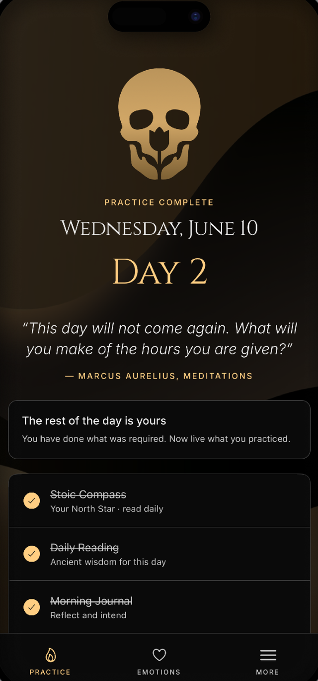 The Marcus app showing a completed daily Stoic practice.